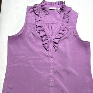 Medium, Pink/Purple, New York & Company Sleeveless, Ruffle-Collared Blouse